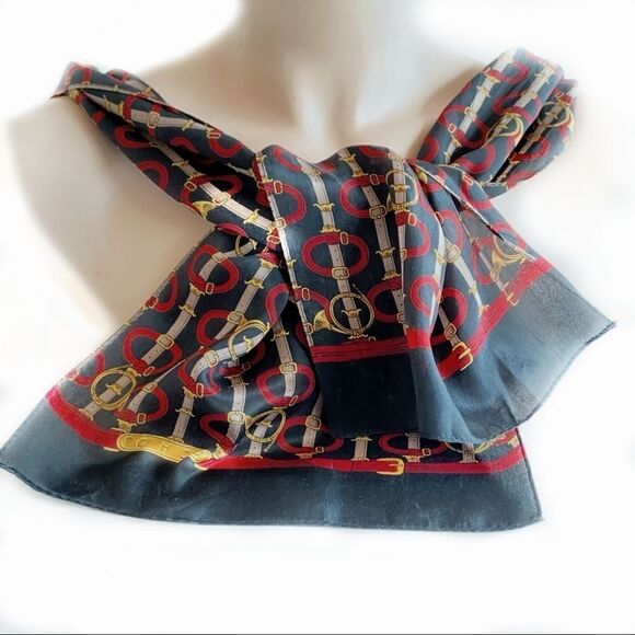 Echo black red gold horns and buckles silk scarf - Picture 7 of 7